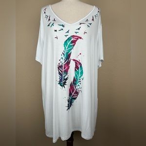 Anthony Richards Watercolor Dove & Feathers White Shirt. Size- 3X
